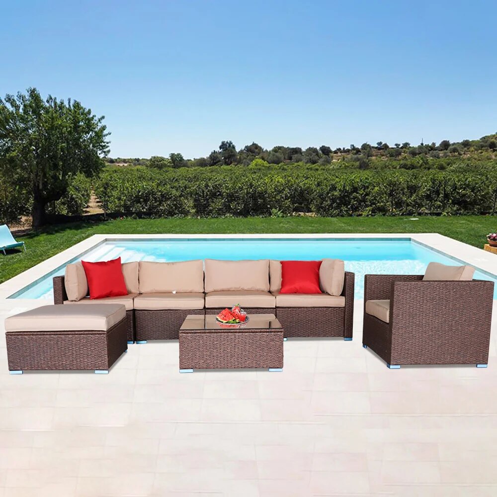 Patio Sofa Furniture 7 Pieces Wood Grain Patio PE Wicker Rattan Corner Sofa Set  Patio Sofa Furniture Outdoor Set