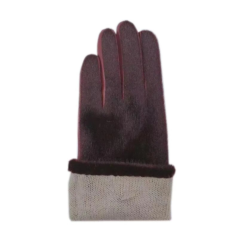 Gloves winter ladies wristband fashion sheepskin gloves wine red new warm female leather AB version wool lining imitation sea li