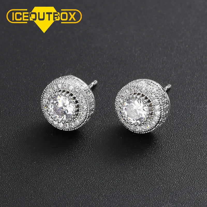 ICEOUTBOX Gold Color Iced Out Round Bling Stud Earring Men Hip Hop Luxury Rhinestone Geometry Stud Earrings For Women Jewelry