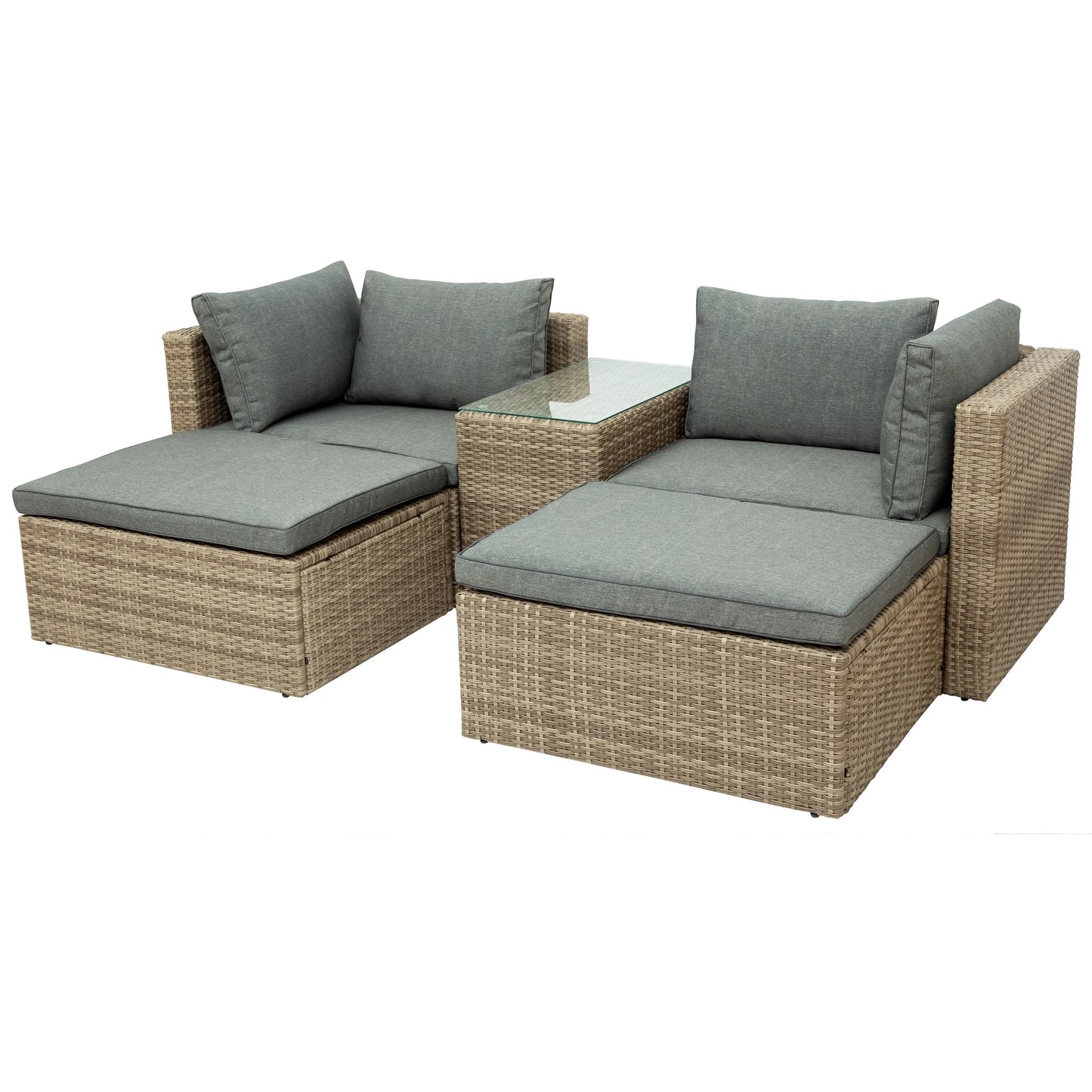 Outdoor Patio Furniture 5-Pcs Set Wicker Rattan Sectional Sofa Set 2 Corner Chair+1 Tea Table+2 Ottoman Brown&Gray[US-W]