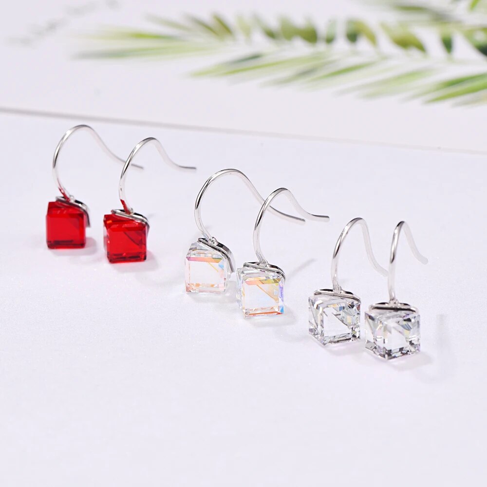 Crystals From Austria S925 Drop Earrings New Fashion Cube Stone Piercing Dangle Earrings For Women Wedding Party Jewelry Gift