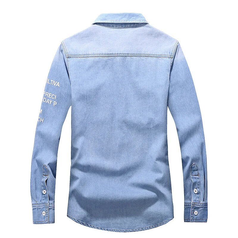 long-sleeved solid denim shirt men fashion brand Classic retro denim Pocket decoration Business shirt Spring and Autumn Tops