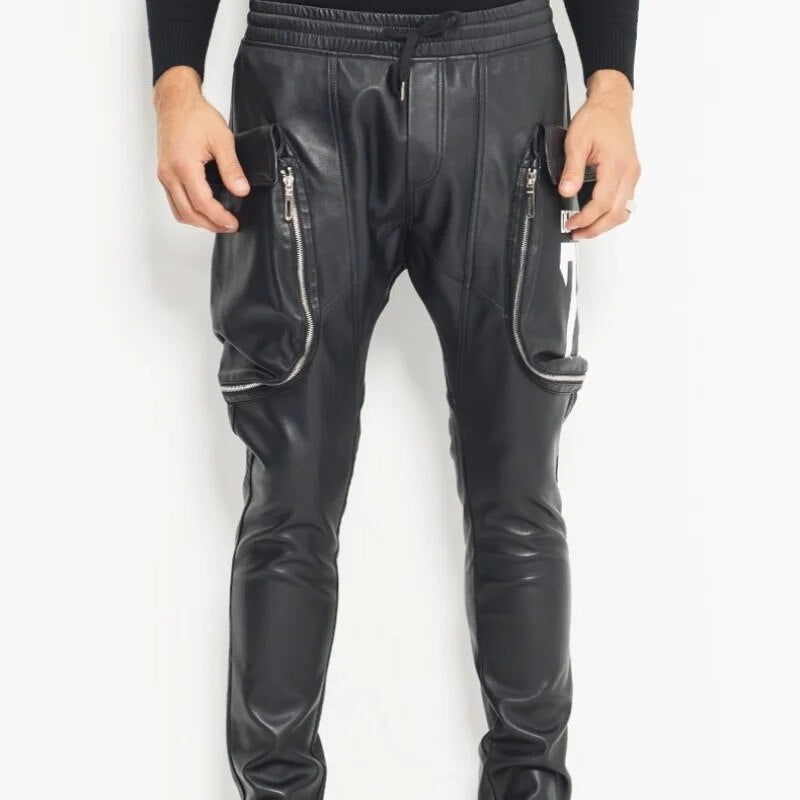 Fashion New Mens Casual Big Pockets Elastic Waist Joggers Harem Pants Sheepskin Genuine Leather Pants Drop Crotch Cross Pants 35