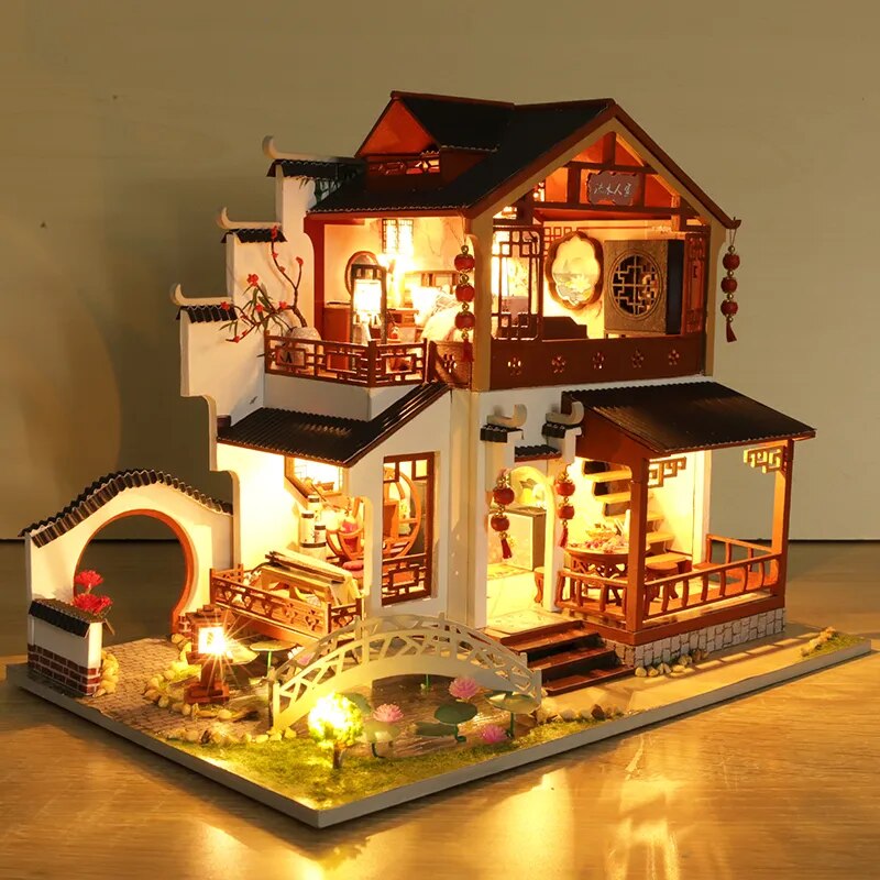 DIY Wooden Dollhouse Chinese Town Architecture Doll Houses Miniatures with Furniture Toys for Children Friend Birthday Gift