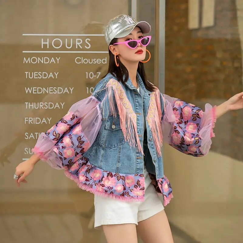 Pink Embroidery Tassel Stitching Lantern Long Sleeved Denim Jacket Women's Clothing Loose Thin Streetwear Hip Hop Outerwear
