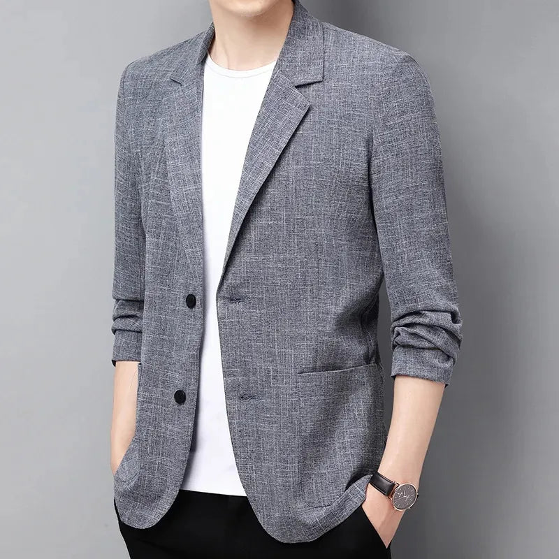 Men's Cotton Linen Suit Jacket Spring Summer Loose Casual Gray Blazers Male Long Sleeve Business Black Coat Terno Masculino - KAISERINC
