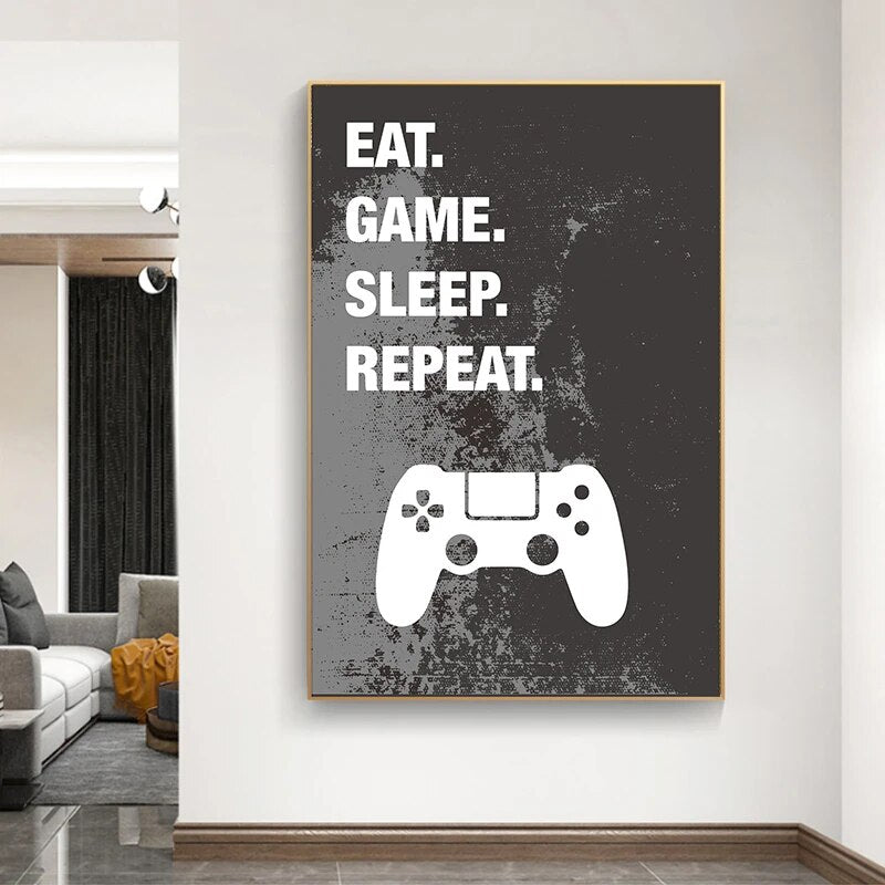 Eat Sleep Game Repeat Gaming Poster Gamer Canvas Painting Poster and Prints for Boys Room Decorative Wall Art Picture Playroom
