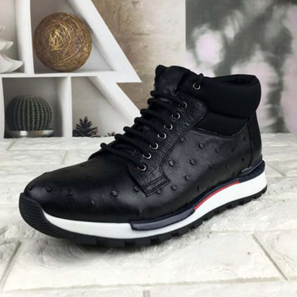 ousidun Autumn winter new ostrich skin men shoes men boots  men's casual leather shoes comfortable  lacing men boots hight cut