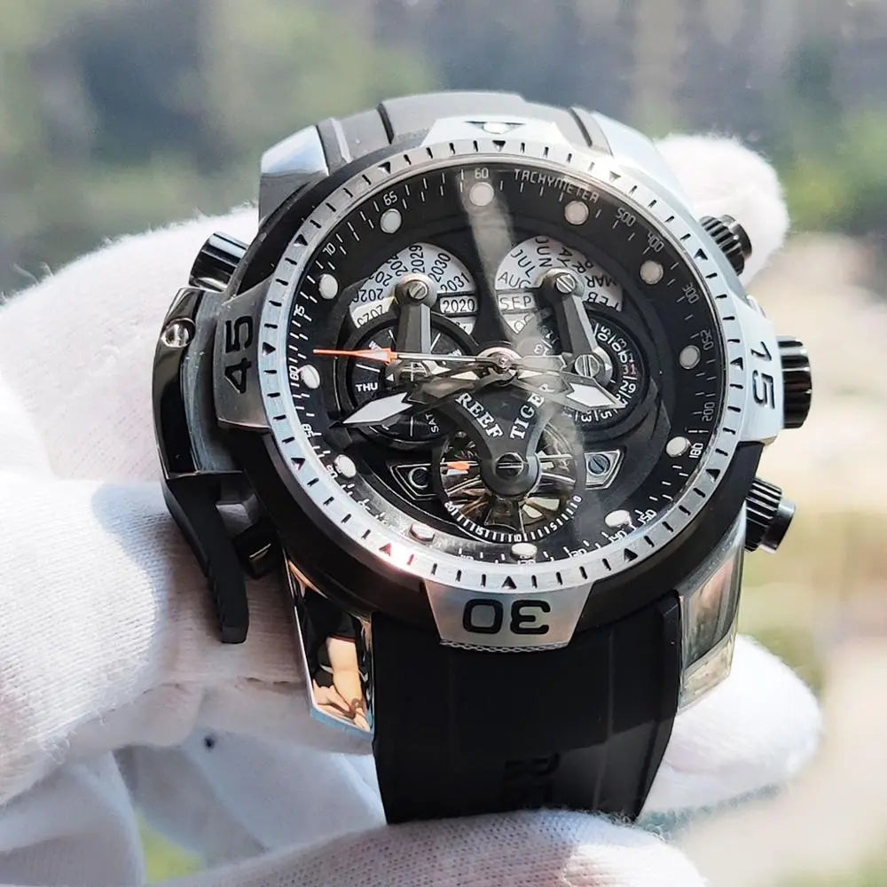Reef Tiger/RT Sport Watch with Perpetual Calendar Date Day Steel Case Black Leather Strap Mechanical Men's Watches RGA3503
