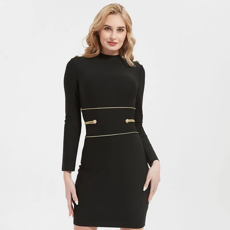 Hashupha 2022 Summer Black Mini Bandage Dress Women's Button Long Sleeve O Neck Bodycon Sexy Elegant Club Evening Party Dresses