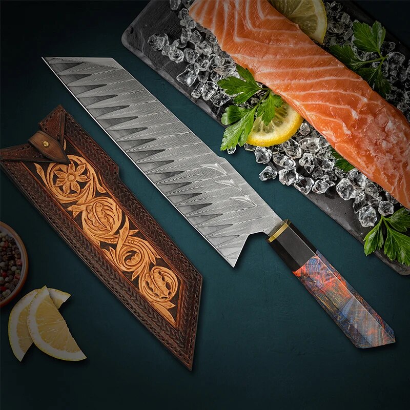 FZIZUO Santoku Knife Damascus Steel Blade Stabilized Wood Handle Cooking Knives Handmade Japanese Style Chef Knife with Sheath