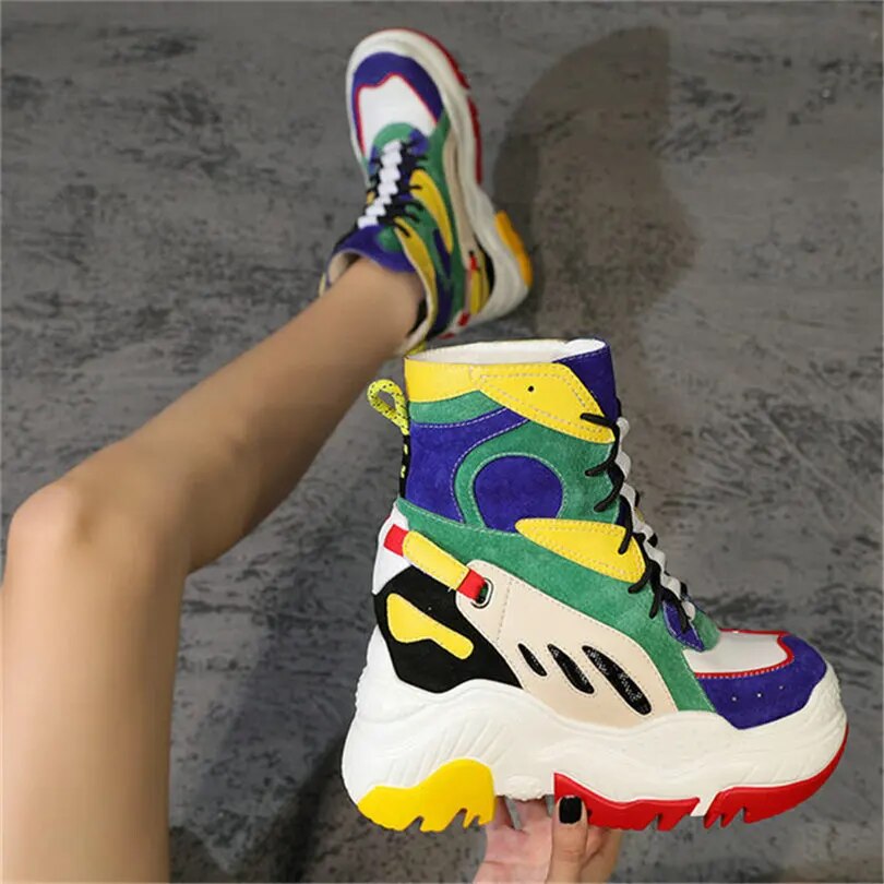 Punk Goth Creepers Women Lace Up Genuine Leather Wedges High Heel Ankle Boots Female High Top Chunky Platform Fashion Sneakers
