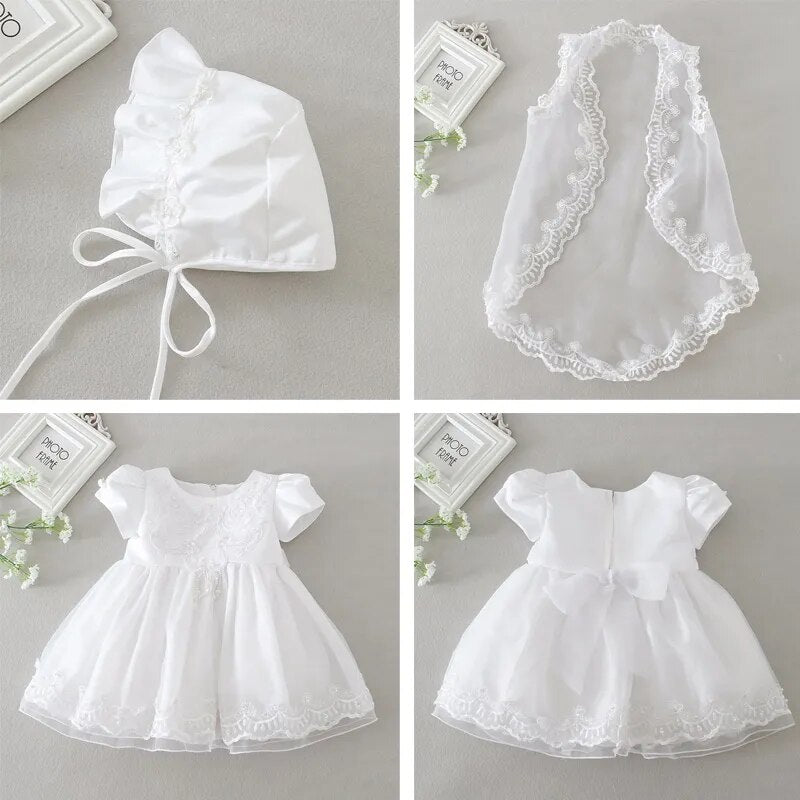 IYEAL Baby Girls Christening Gown Dresses+Hat+Shawl Vestidos Infantis Princess Wedding Party Lace Dress for Newborn Baptism 3PCS - KAISERINC