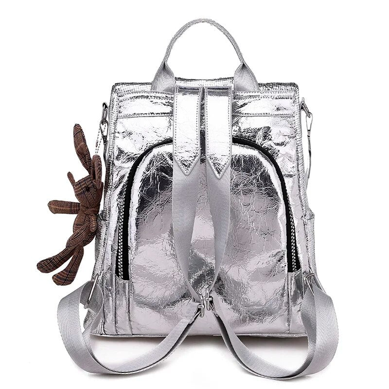 Toposhine 2023 New Casual Women Backpacks PU Leather Anti-Theft Black Backpack Girls School Shoulder Bag With Bunny Black/Silver