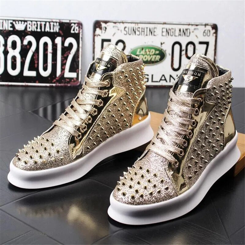Luxury rivet Men's shoes designer sneakers men punk high tops gold light bottom Casual Platform shoes zapatillas hombre