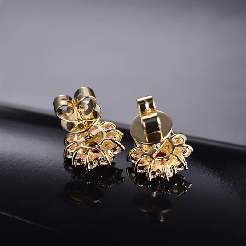 LOVERJEWELRY Stud Ruby Earrings for Women Engagement Party Oval Natural Ruby 1.64Ct Diamonds Real 18K Yellow Gold Female Earring