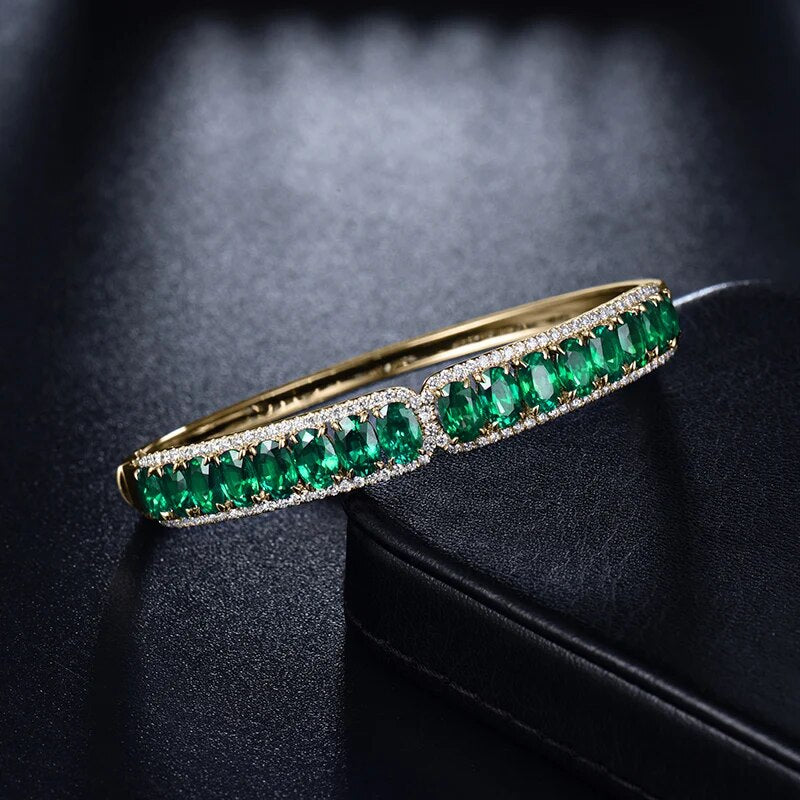 LOVERJEWELRY Luxury Bracelets Real 18Kt AU750 Yellow Gold With Genuine Diamonds Natural Stone Emerald Bangeles For Women Wedding