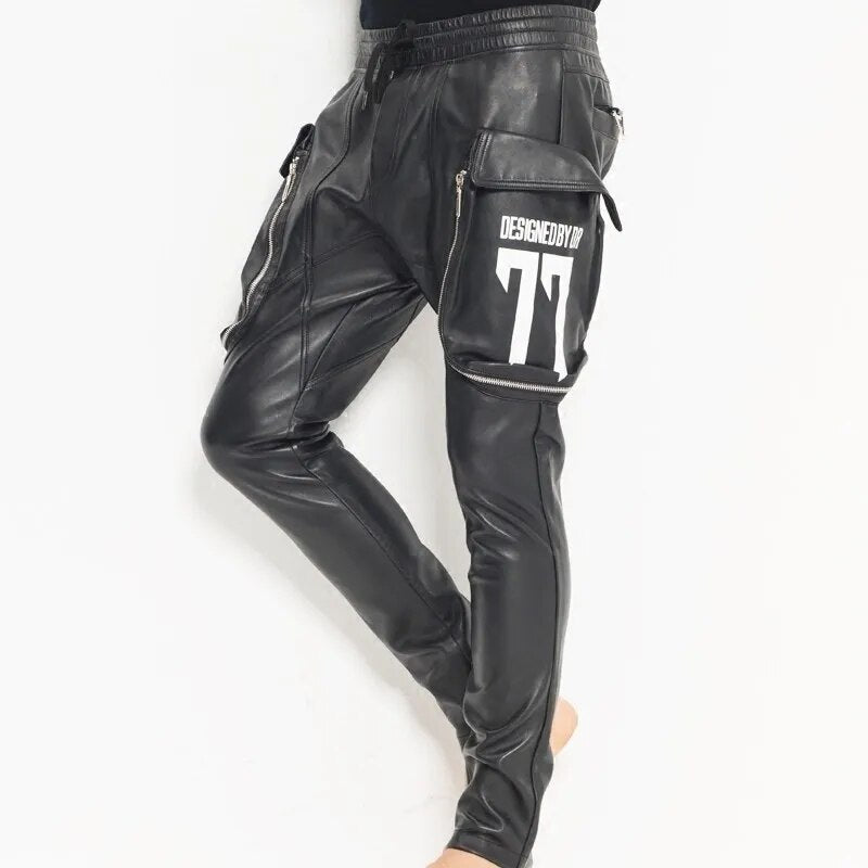 Fashion New Mens Casual Big Pockets Elastic Waist Joggers Harem Pants Sheepskin Genuine Leather Pants Drop Crotch Cross Pants 35