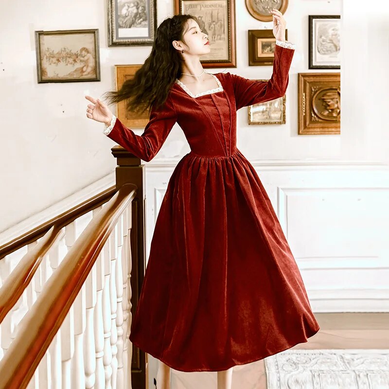 2019 new fashion women's clothing Autumn and winter vintage dress Square Collar