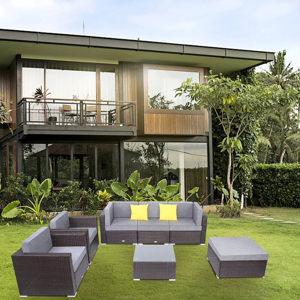 US Warehouse 7 Pieces Patio PE Wicker Rattan Corner Sofa Set Patio Furniture Set In Stock  for the outdoors and Patio