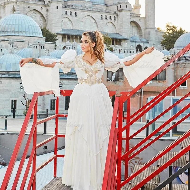 Traditional Kosovo vestidos formales Arabic Wedding Dress Chiffon Sexy Bridal Party Gowns Long Sleeves Robe de Soirée