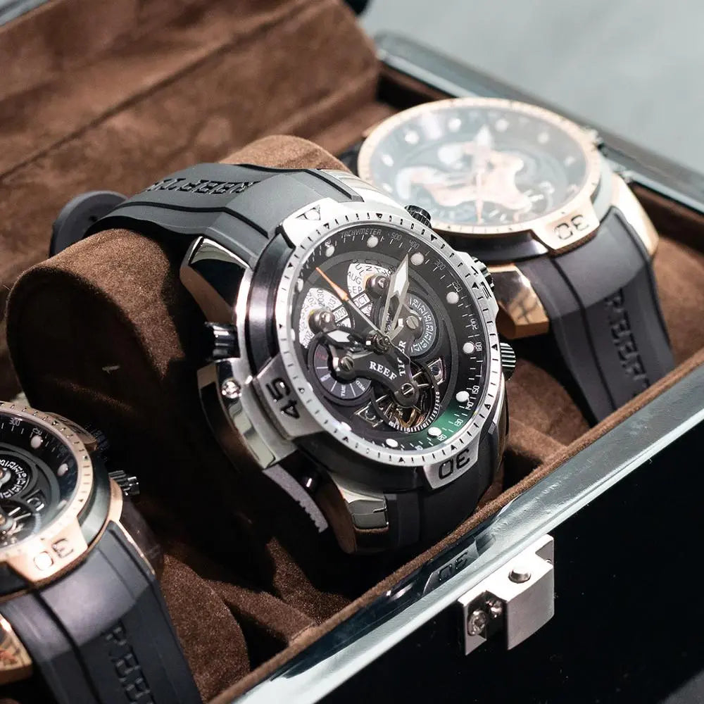 Reef Tiger/RT Sport Watch with Perpetual Calendar Date Day Steel Case Black Leather Strap Mechanical Men's Watches RGA3503