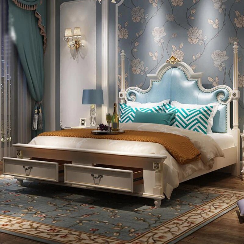 modern european solid wood bed 2 people Fashion Carved  leather  french bedroom furniture bng004