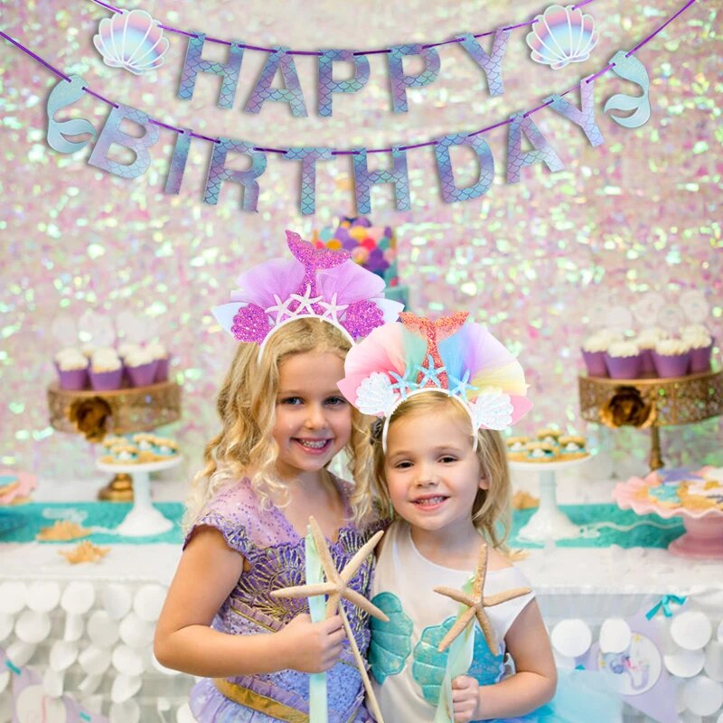 Mermaid Tail Party Headband Happy Birthday Bunting Banner Mermaid Birthday Party Decoration Girl Baby Shower Under the Sea Party