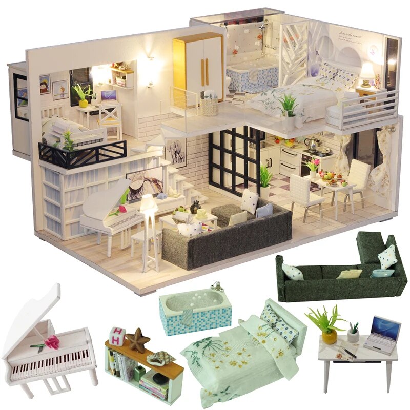 DIY Dollhouse Wooden doll Houses Miniature Doll House Furniture Kit Casa Music Led Toys for Children Birthday Gift