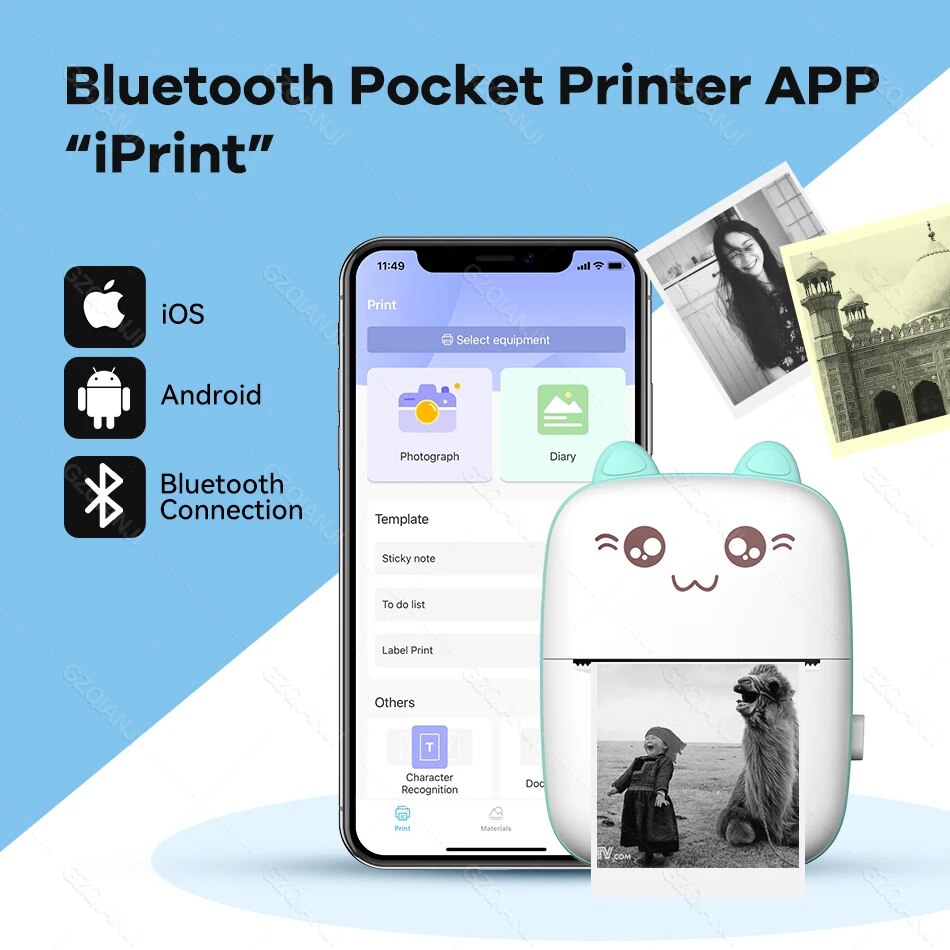 Portable Mini Wireless Thermal Photo Printer Pocket Cute Sticker Printers Paper Roll For Android iOS DIY Home Use Notes Printer