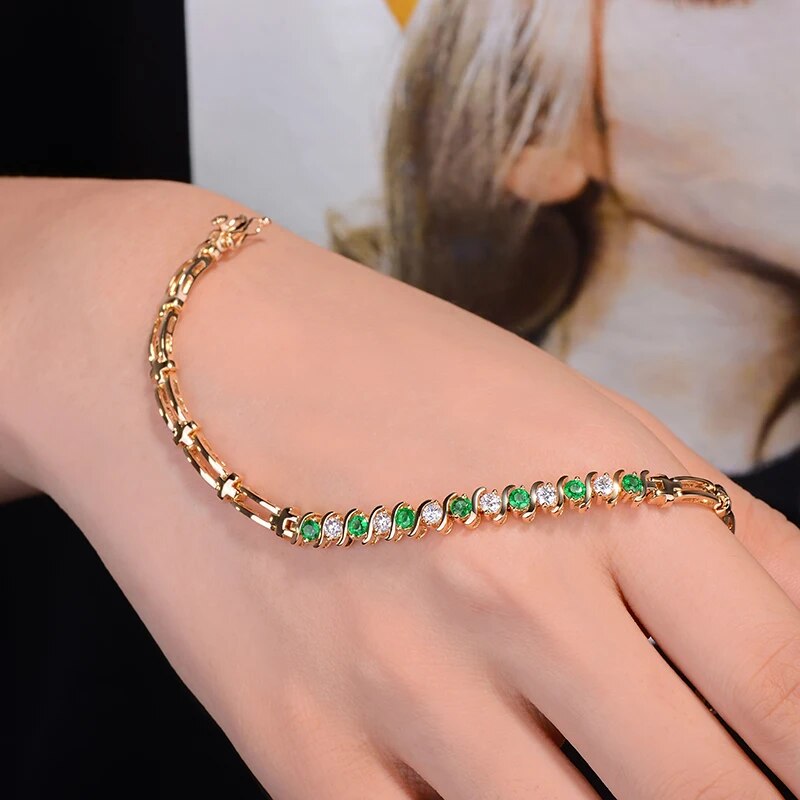 LOVERJEWELRY Emeralds Diamonds Bracelet Gold 14K Yellow DIY Gemstones Natural Green Emerald Diamond Bracelet For Women Luxury