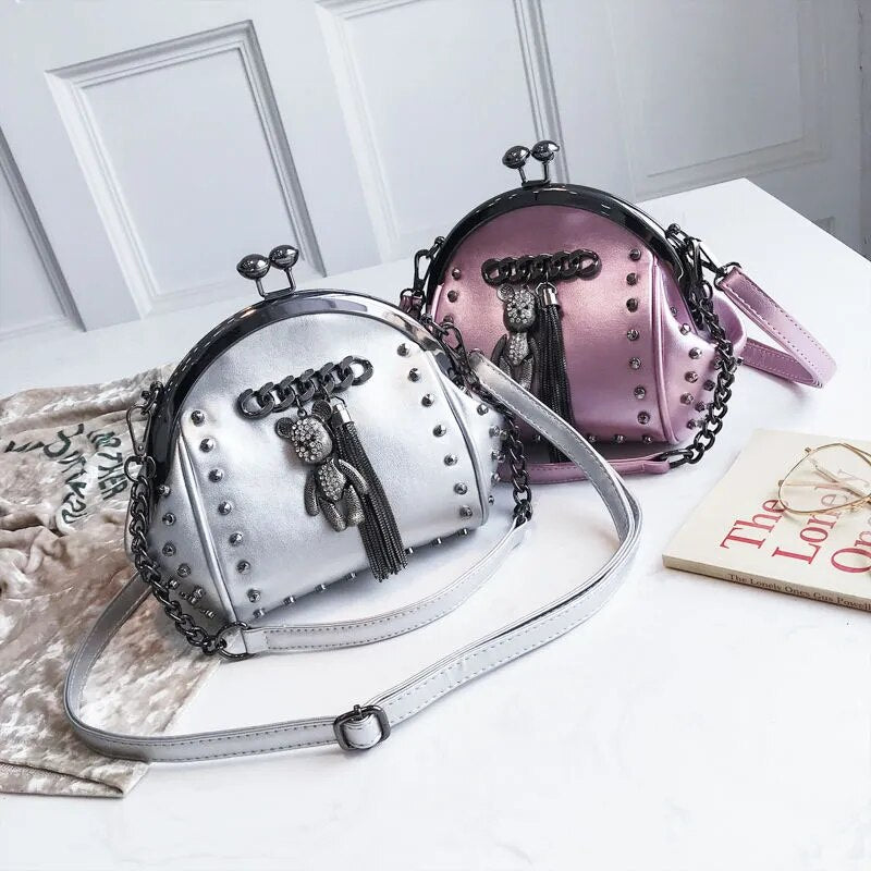 Lock Shell Bag Bags Rivet Metal Fringe Diamond Women Shoulder Crossbody Bag TWO Straps PU Leather Chain Women's Handbags Purses
