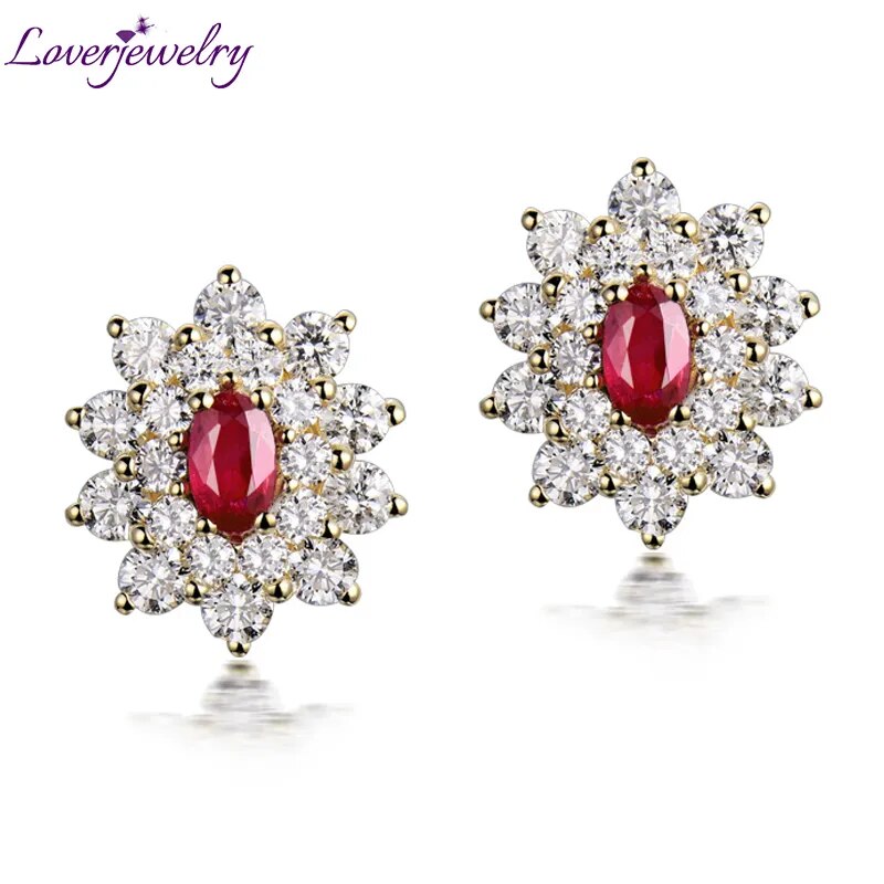 LOVERJEWELRY Stud Ruby Earrings for Women Engagement Party Oval Natural Ruby 1.64Ct Diamonds Real 18K Yellow Gold Female Earring