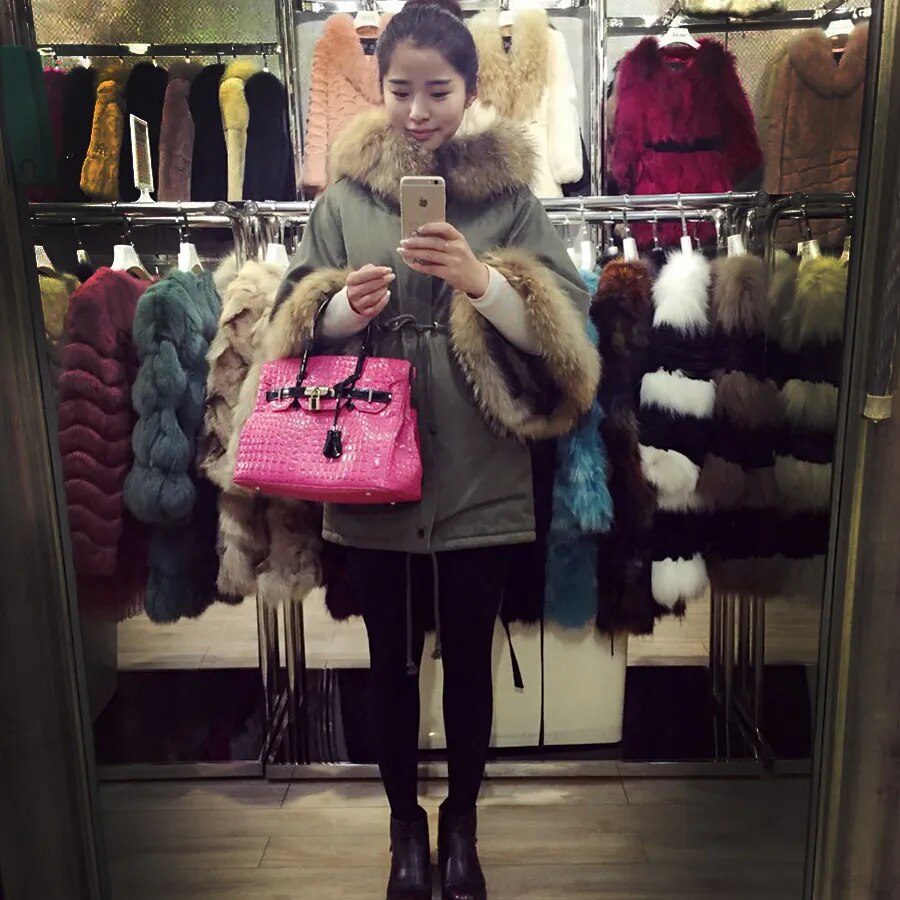 Autumn new natural real raccoon fur collar Parkas Casual coat Flared sleeve cloak cotton jacket women's clothing Woman fur coat