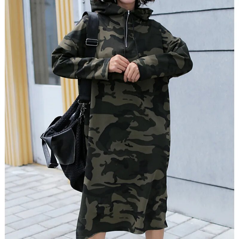 Autumn Basic Hooded Dress Sweatshirts Women Korean Fashion Camouflage Hoodies New Long Outwear Split Casual Pullover Vestido