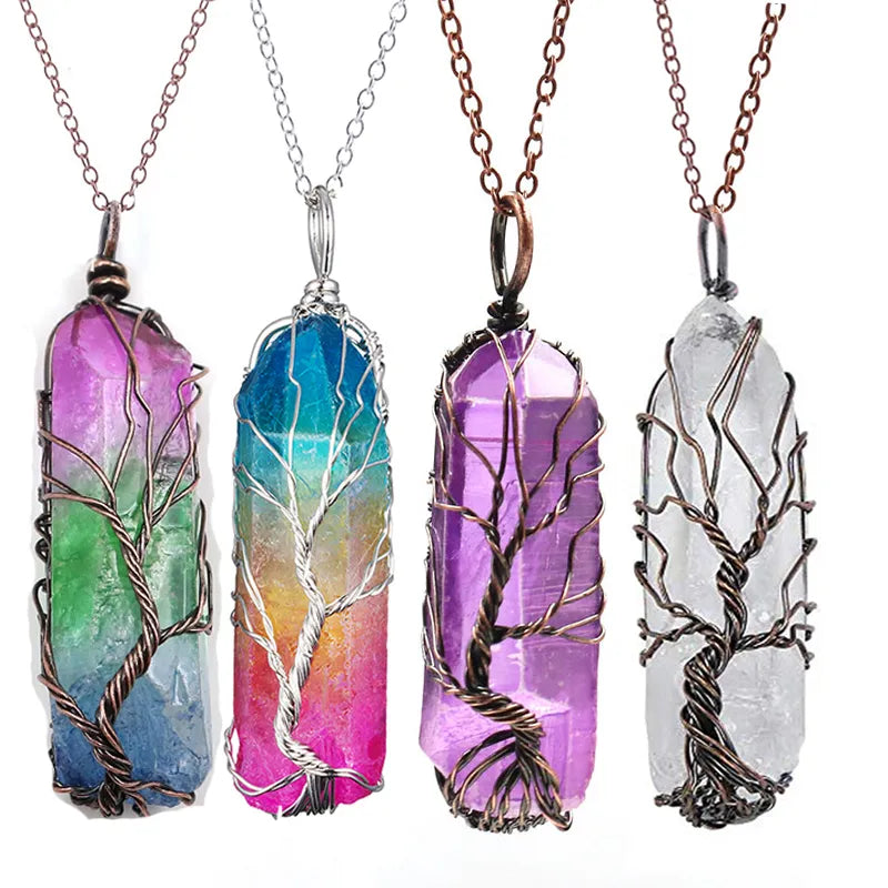 Vintage Reiki Natural Stone Crystal Pendant Necklace Women Men  Wire Wrap Tree of Life Pendants Pendulum Gems Rainbow Jewelry