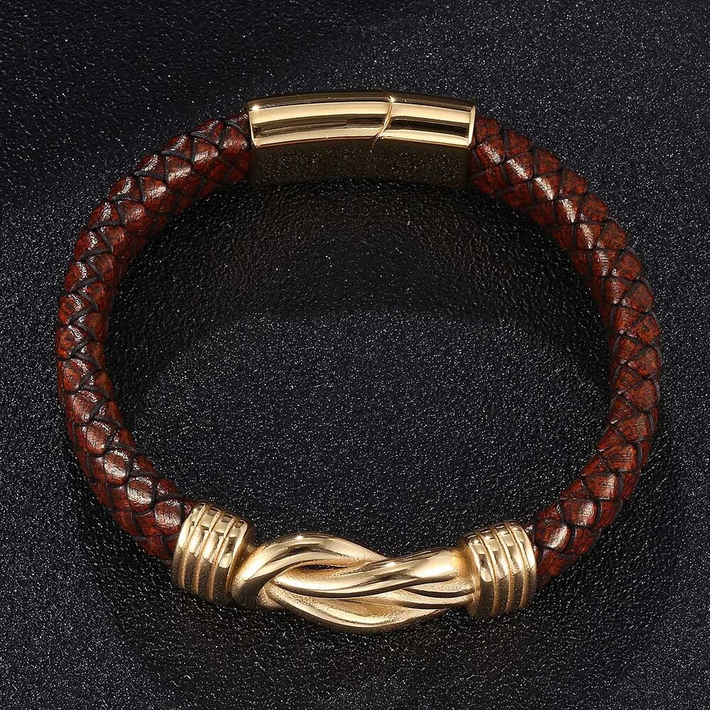 Punk Bracelet Men Brown Leather Stainless Steel Unique Knot Shape Wristband Magnet Buckle Bracelets Male Jewelry Gift BB0750