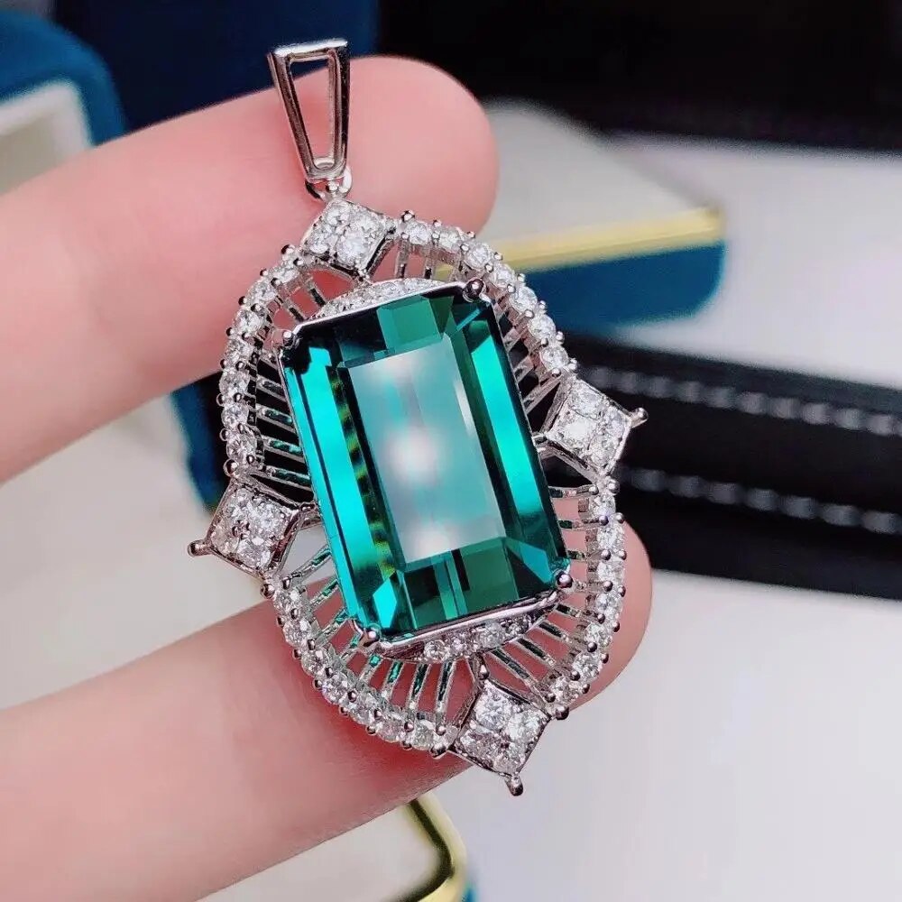 H915 Fine Jewelry Solid 18K Gold 100% Natural 17.55ct Blue Tourmaline Diamonds Gemstone Diamond Women's Pendants Necklaces