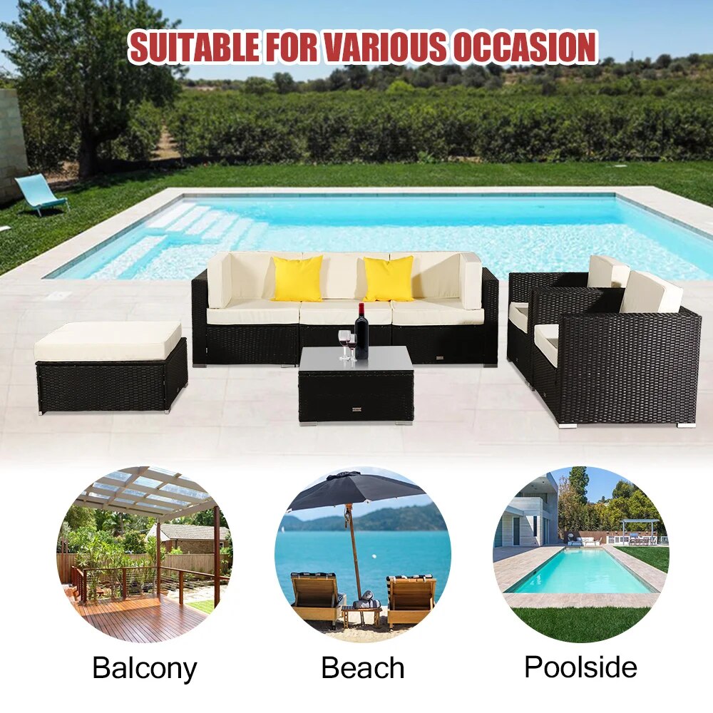 7Pcs Patio Furniture Set Include 1 Armless Sofa 2 Corner Sofa 2 Single Sofa 1 Table 1 Ottoman PE Wicker Rattan Steel Black[US-W]