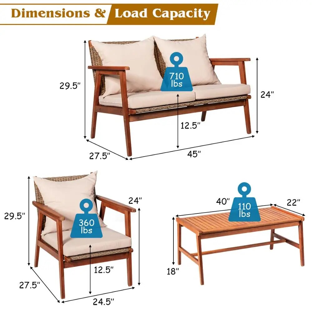 8PCS Patio Rattan Furniture Set Acacia Wood Frame Cushioned Sofa Chair Garden 2*HW66517+