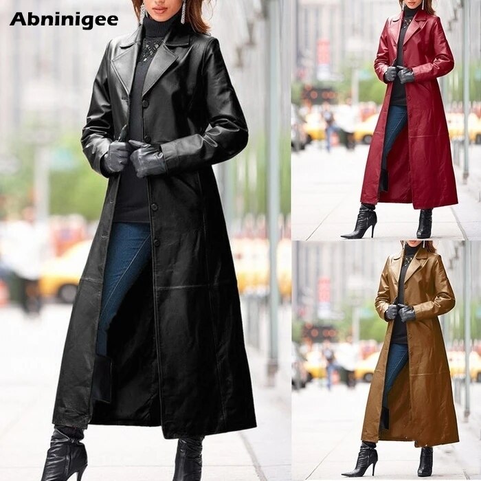 Leather Jacket Women 2021 Long Women's Clothing Spring Solid Color Steampunk Gothic Lapel  Biker Jacket Woman Faux Fur Coat