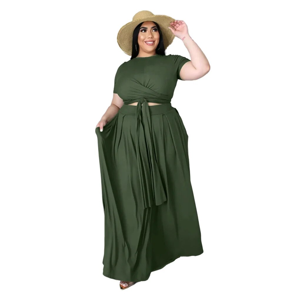 Plus Size Outfits for Women 4xl 5xl Fashion Round Collar Solid Color Bandage Swing Two Piece Set Skirts Wholesale Dropshipping