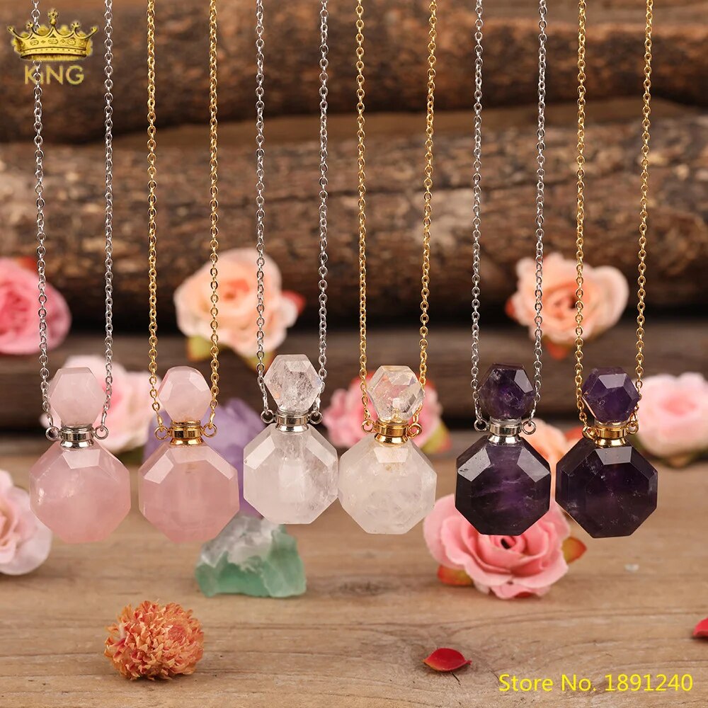 Faceted Natural Amethysts Pink Quartz Perfume Bottle Essential Oil Pendant Women Quartz Stone Vials Gold Chains Necklace Jewelry