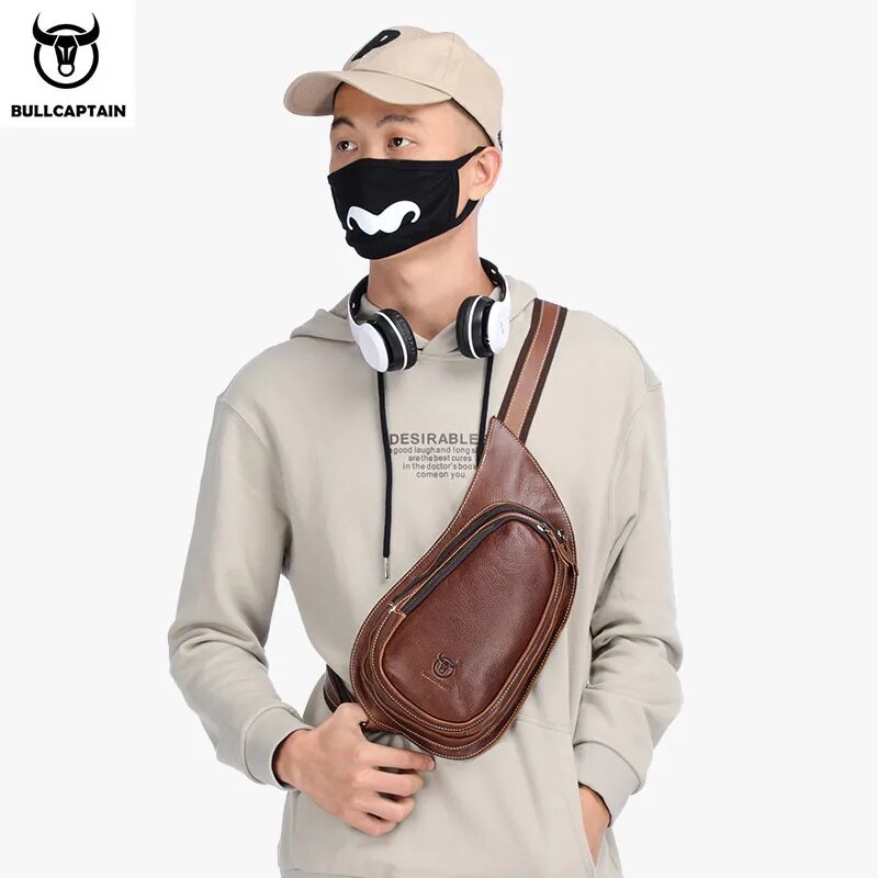 BULLCAPTAIN Leather Crossbody Bag Men Crazy Horse Leather Chest Bags New Fashion Multi-Function Card Bag's Mobile Phone Bages
