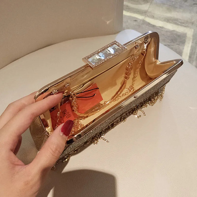 Women's Wedding Clutch Bag Luxury Rhinestone Tassel Handbag Banquet Gold Evening Bag Party Purse Chain Shoulder Bag ZD1776