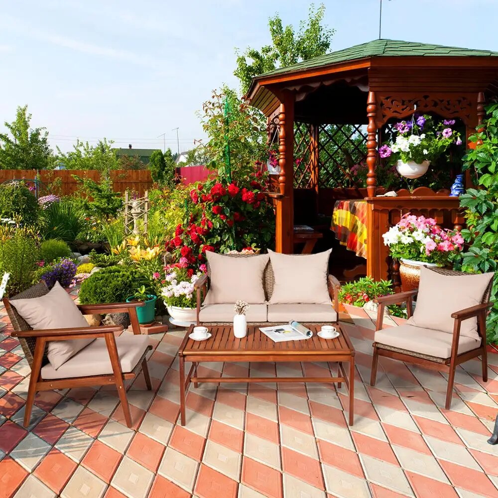 8PCS Patio Rattan Furniture Set Acacia Wood Frame Cushioned Sofa Chair Garden 2*HW66517+