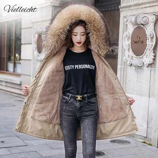 Vielleicht 2022 New Warm Fur Lining Long Parka Winter Jacket Women's Clothing 6XL Medium Long Hooded Winter Coat Women