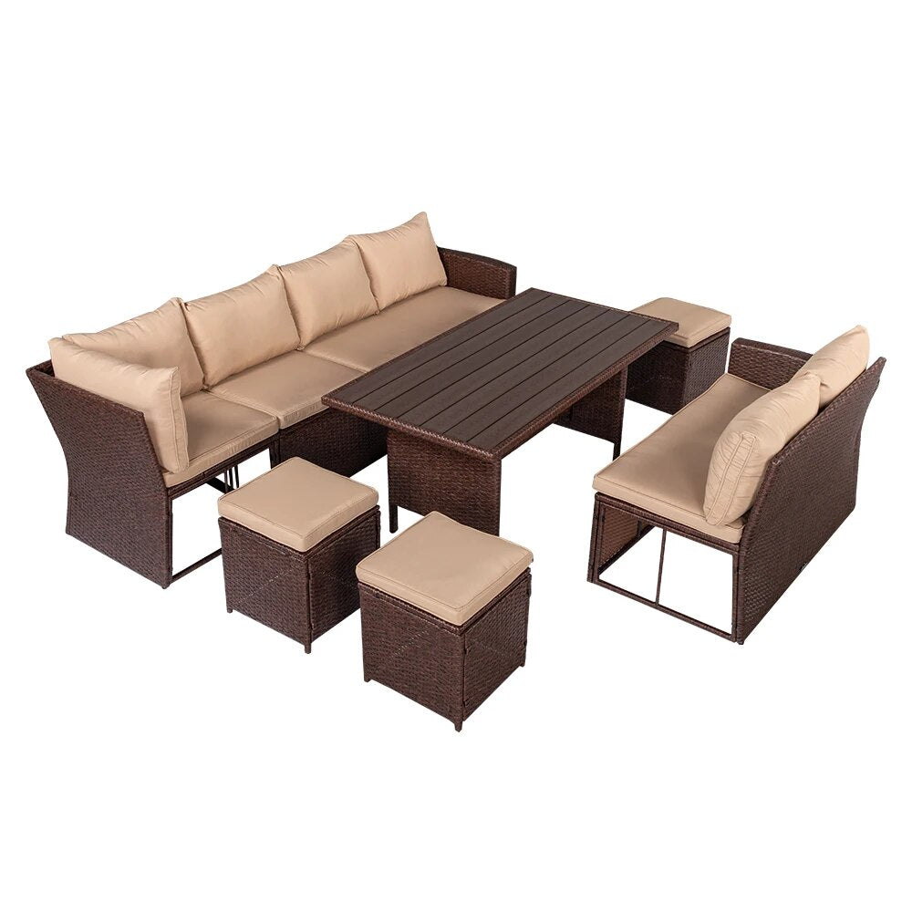 Eight-Piece Set Outdoor Rattan Dining Table And Chair Brown Wood Grain Rattan Khaki Cushion Plastic Wood Outdoor Furniture Set