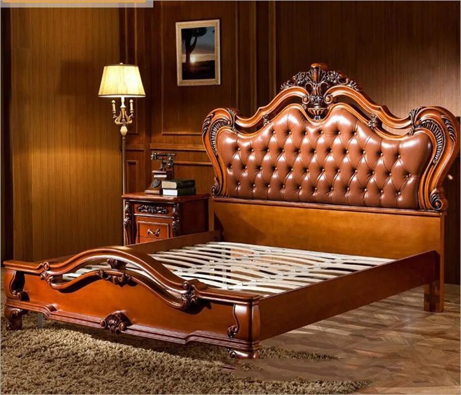 modern european solid wood bed 2 people Fashion Carved  leather  french American style bedroom furniture d1413