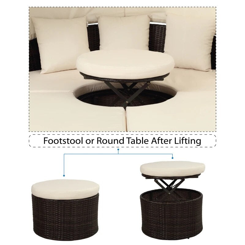 Patio Furniture Round Outdoor Sectional Sofa Set Rattan Daybed Sunbed with Retractable Canopy and Removable Cushion (Beige)